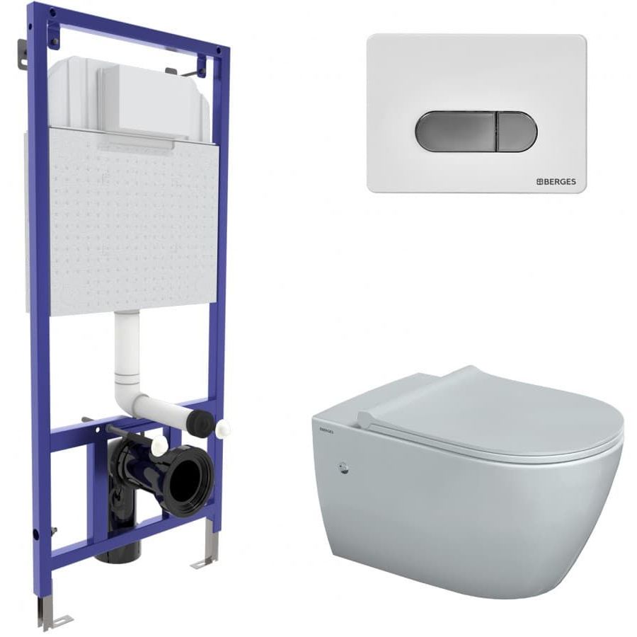 Комплект Berges Novum, кнопка D7 белая/хром, унитаз Mascon Rimless, сиденье Toma Slim, 043214