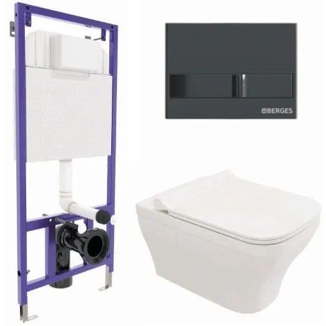 Комплект Berges Novum, кнопка L6 черный глянец, унитаз Strati Rimless, сиденье Strati Slim, 042454