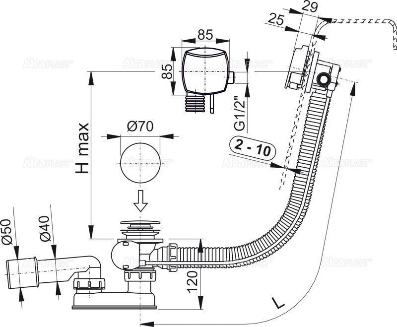 Сифон для ванны с напуском воды через перелив Alcaplast, A564CRM1-80
