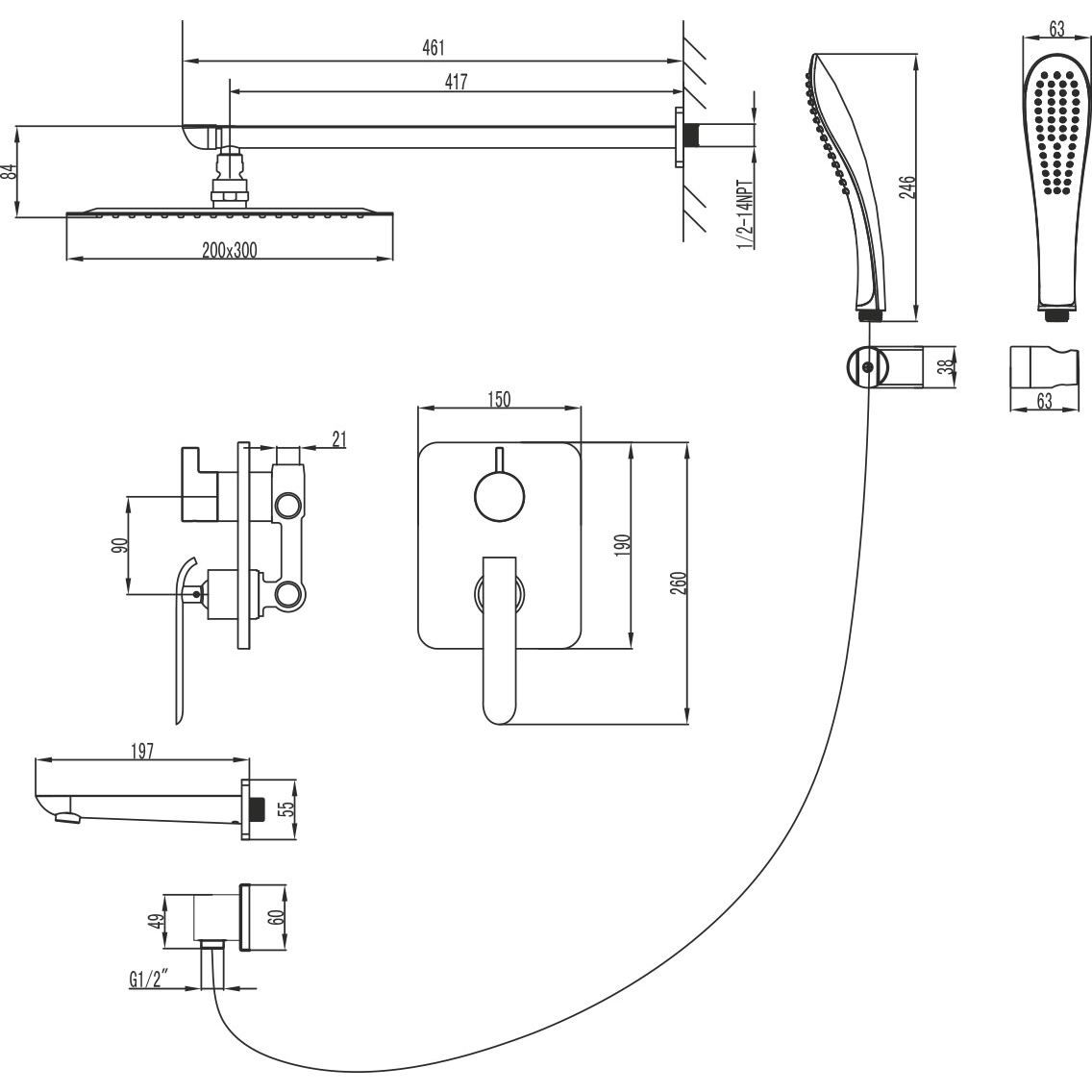 Смеситель для ванны и душа встраиваемый с дополнительной 1-функциональной лейкой Lemark Melange, LM4922CW