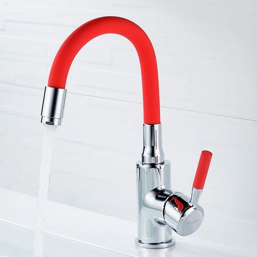 Смеситель для умывальника с гибким изливом красный/хром Ledeme L1399-1