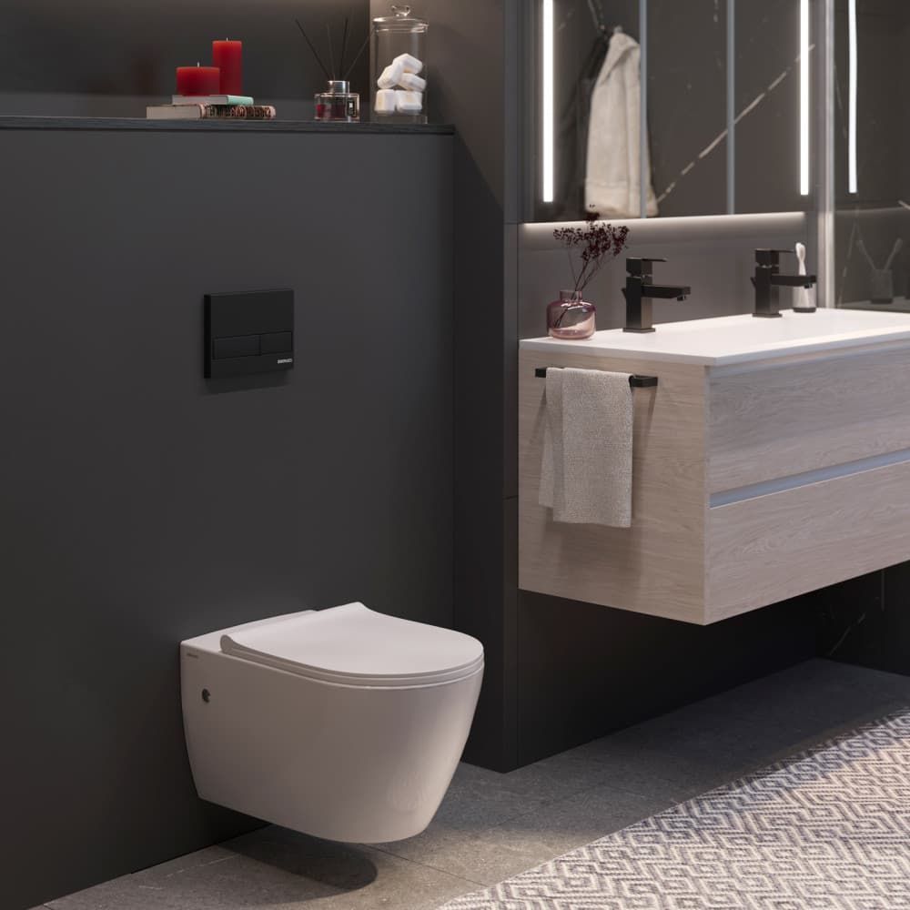 Комплект Berges Novum, кнопка L5 Soft Touch черная, унитаз Mascon Rimless, сиденье Toma Slim, 043217