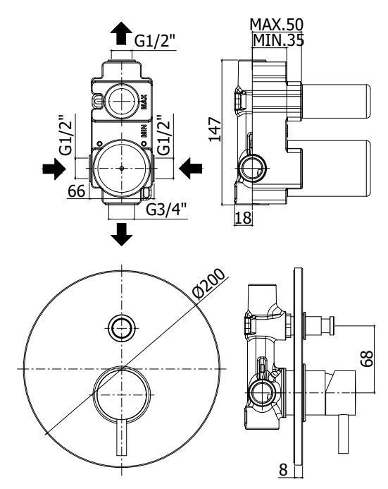 Смеситель встраиваемый на 2 выхода Paffoni Light нержавеющая сталь, LIG015ST