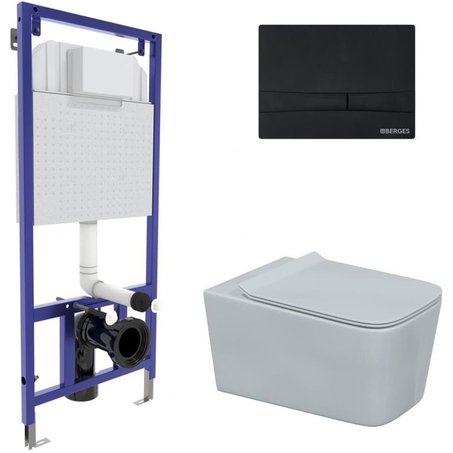 Комплект Berges Novum, кнопка F5 Soft Touch черная, унитаз Floe Rimless, сиденье Floe Slim, 043224