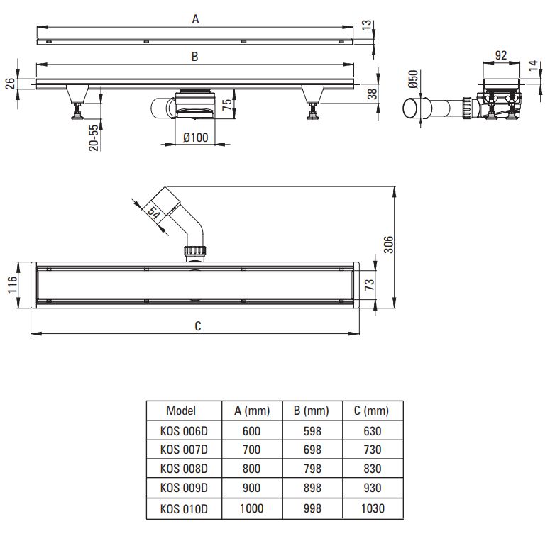Линейный слив с универсальной решеткой без декора/под плитку Deante