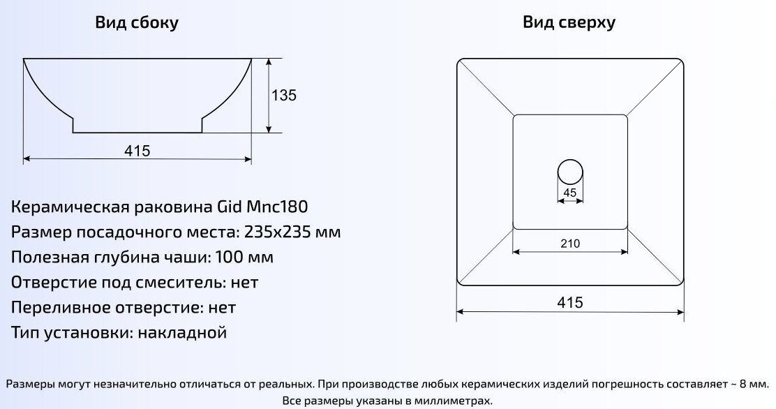 Умывальник Gid MNC180 41.5x41.5, 54417