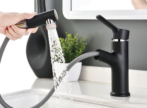 Смеситель для умывальника с выдвижной лейкой черный Ledeme L1055B-25