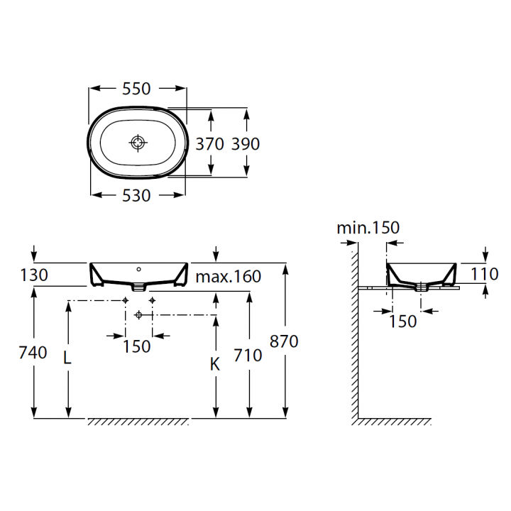 Умывальник накладной Roca The Gap Round 55x39, A3270Y1000