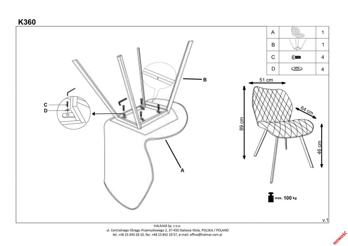 Стул кухонный Halmar K360 серый, V-CH-K/360-KR-POPIELATY
