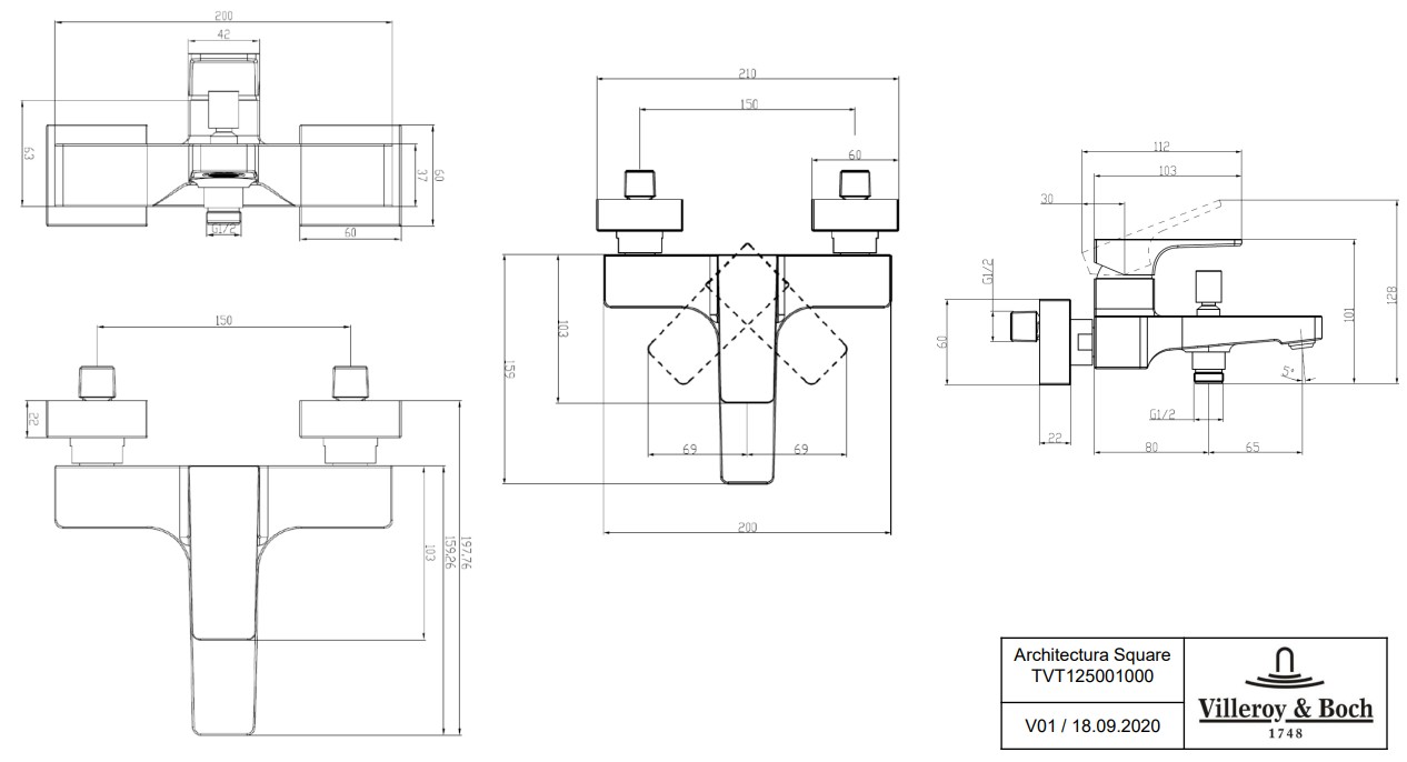 Смеситель для ванны однорычажный Villeroy & Boch Architectura Square, TVT12500100061