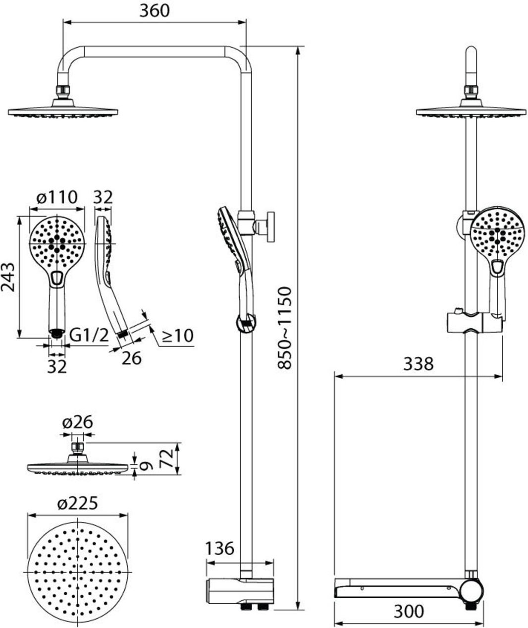 Душевой гарнитур с верхней лейкой, белый, Iddis Ray, RAYSW3Fi76