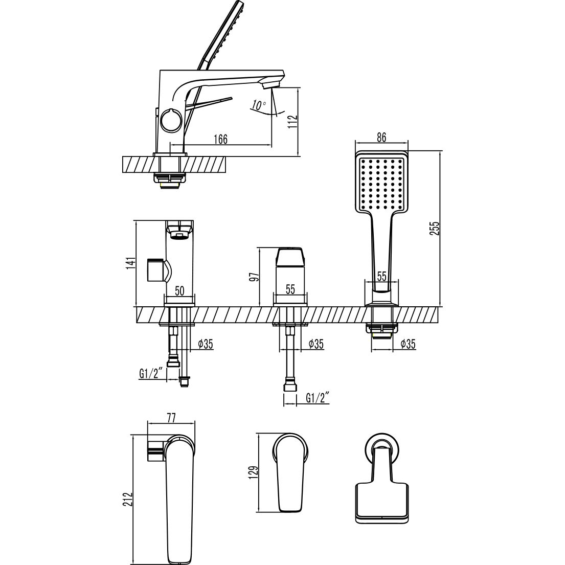 Смеситель для ванны встраиваемый на 3 отверстия с аксессуарами Lemark Bronx, LM3745GM