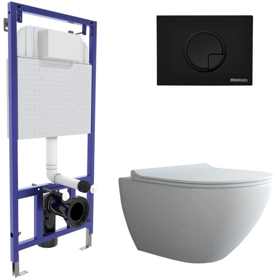 Комплект Berges Novum, кнопка R5 Soft Touch черная, унитаз Puma Rimless, сиденье Toma Slim, 043268