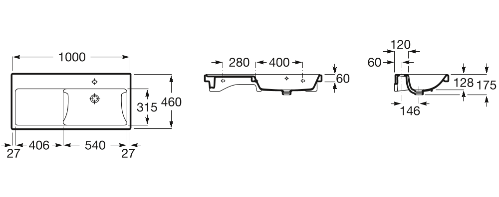 Раковина подвесная Roca The Gap 100х46 чаша справа, A3270ME000