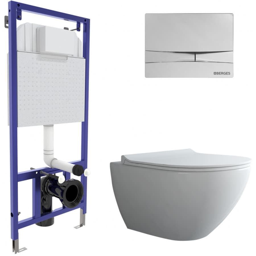 Комплект Berges Novum, кнопка F3 хром глянец, унитаз Puma Rimless, сиденье Toma Slim, 043269
