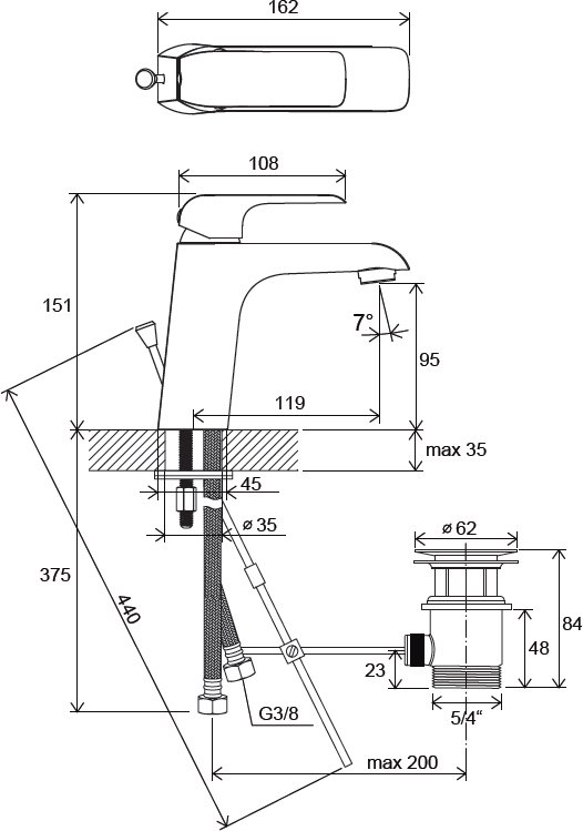 Смеситель для умывальника с донным клапаном Ravak Flat FL 013.00, X070117