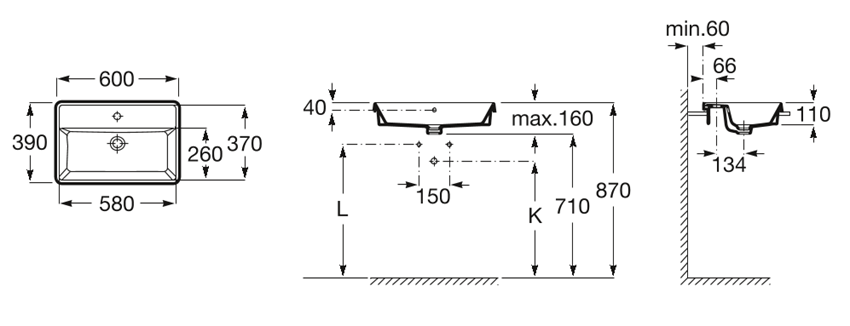 Умывальник врезной Roca The Gap Square 60x39, A3270YA000