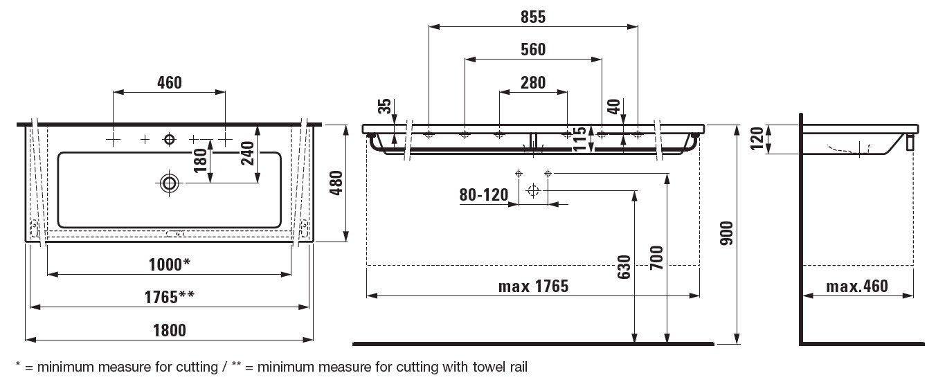 Раковина-столешница Laufen Living Square 180x48, 8.1643.8.000.104.1