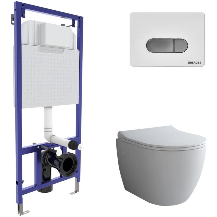 Комплект Berges Novum, кнопка D7 белая/хром, унитаз Okus, сиденье Toma Slim, 043262
