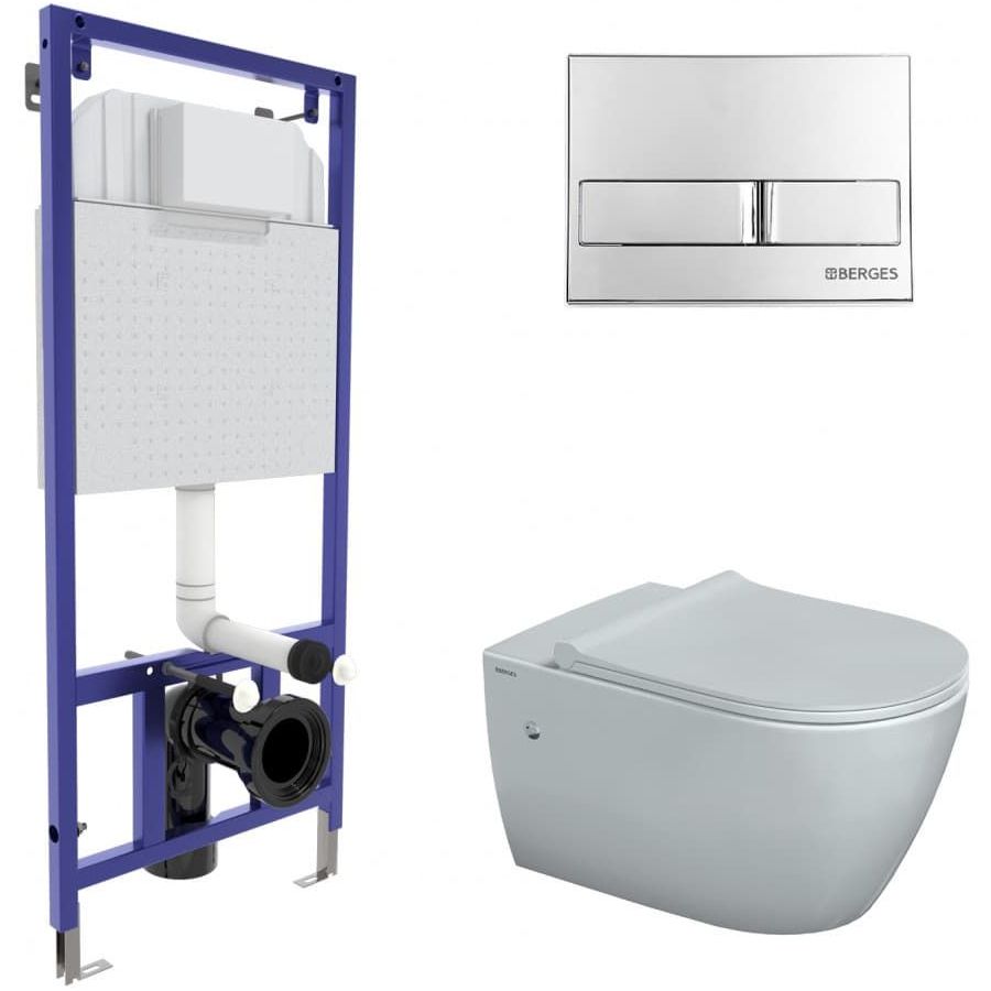 Комплект Berges Novum, кнопка L3 хром глянец, унитаз Mascon Rimless, сиденье Toma Slim, 043216