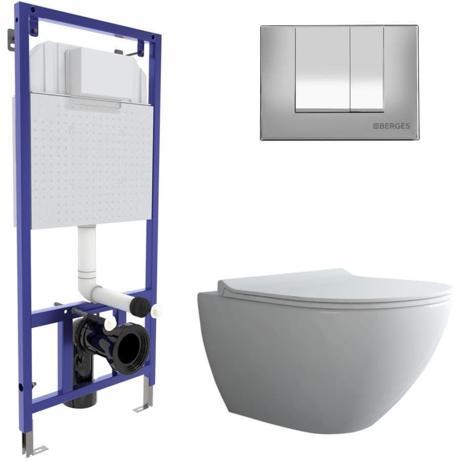 Комплект Berges Novum, кнопка S3 хром глянец, унитаз Puma XXL Rimless, сиденье Toma Slim, 043247