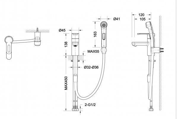 Смеситель для умывальника с гигиеническим душем Bravat Stream F13783C-3