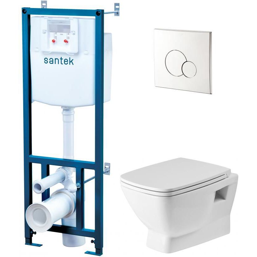 ПЭК Santek Нео Rimless, кнопка смыва хром, тонкое сиденье дюропласт Soft Close, 1.WH50.1.572