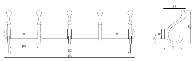 Планка с 5 неподвижными крючками (бронза) Ledeme L214-5
