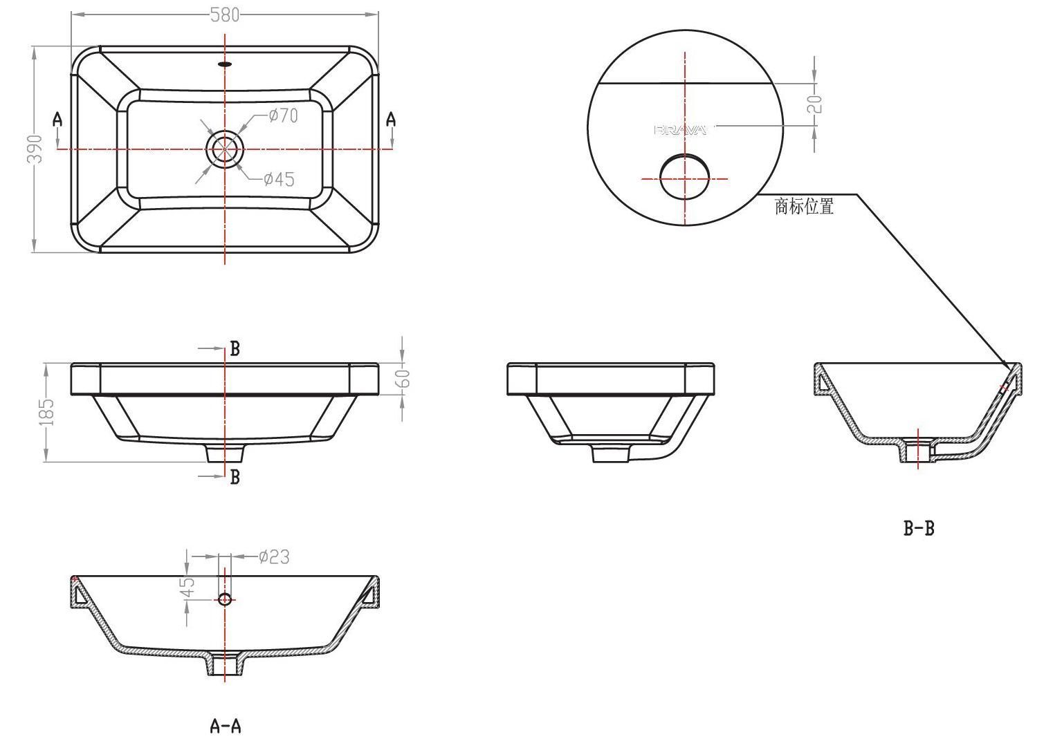Накладной умывальник Bravat Meissen 58x39, C22206W