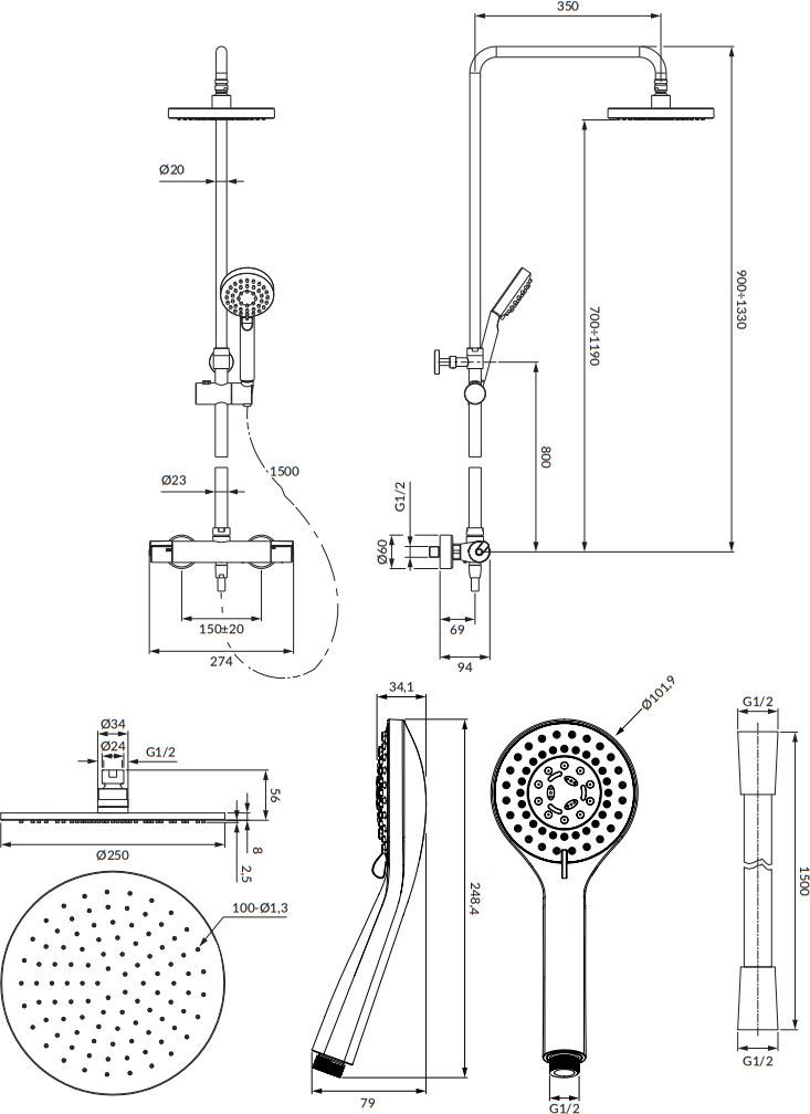 Душевая система с термосмесителем наружного монтажа Omnires Y, Y1244LUXLBL