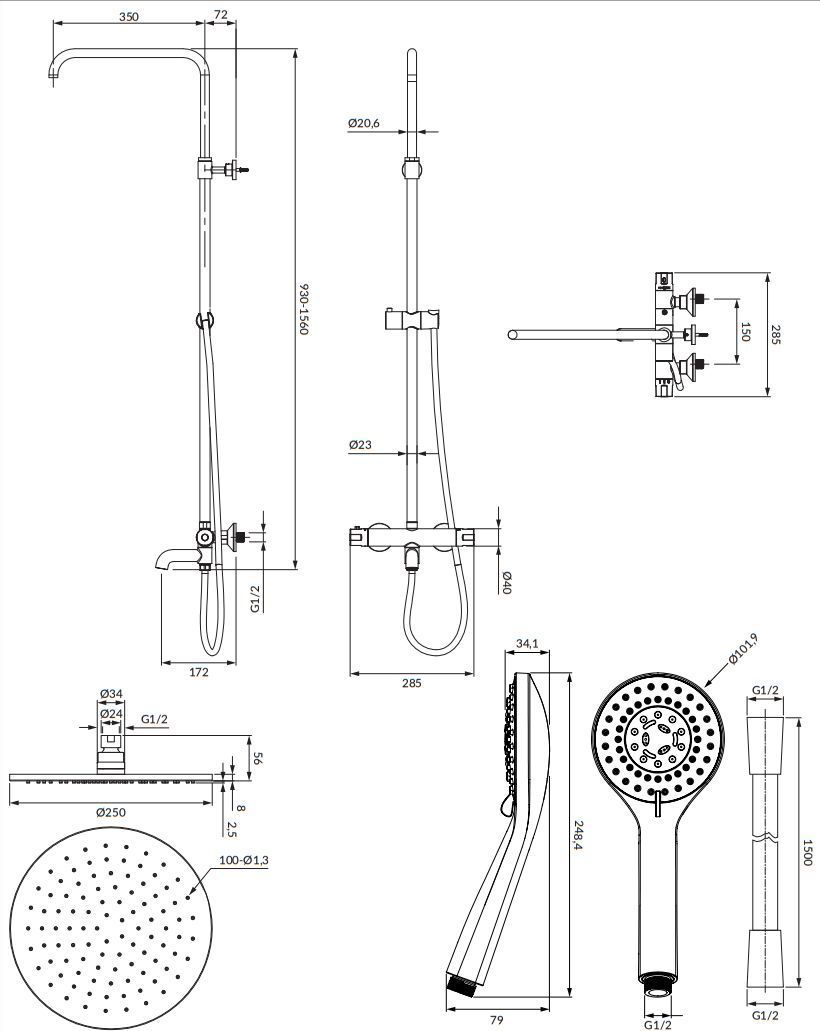 Душевая система термостатическая с изливом наружного монтажа Omnires Y, Y1234ALBL