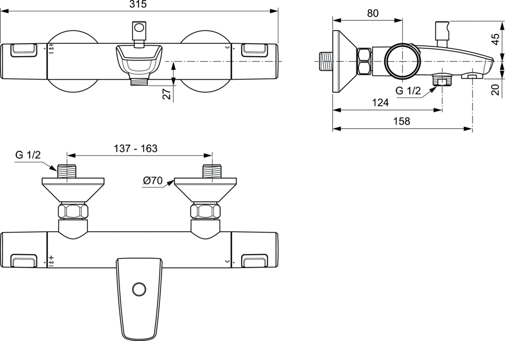 Настенный термостатический смеситель для ванны Ideal Standard Ceratherm T25, A7206AA