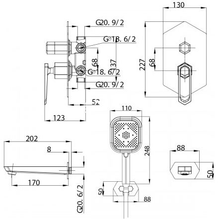Смеситель для ванны и душа встраиваемый с дополнительной 3-функциональной лейкой Lemark Prizma, LM3922C