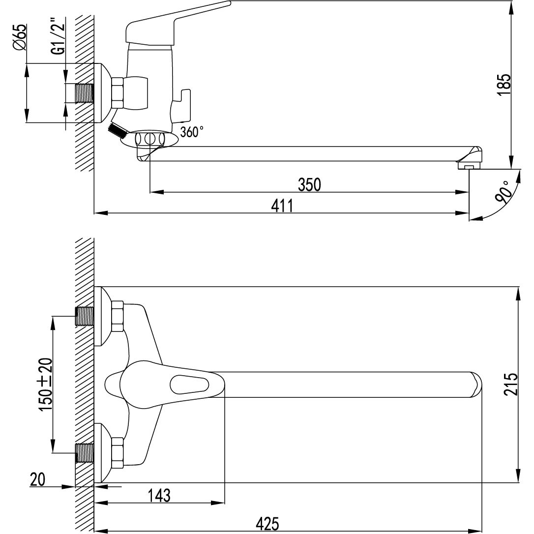 Смеситель универсальный с плоским изливом 350 мм Lemark Luna, LM4151C