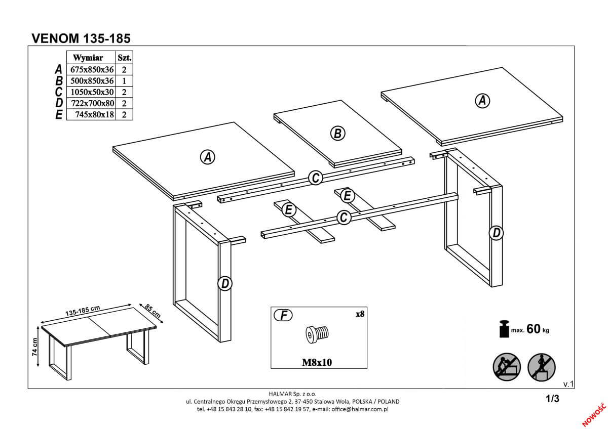 Стол обеденный Halmar Venom 135/185 раскладной дуб вотан/черный, V-PL-VENOM_135-185-ST