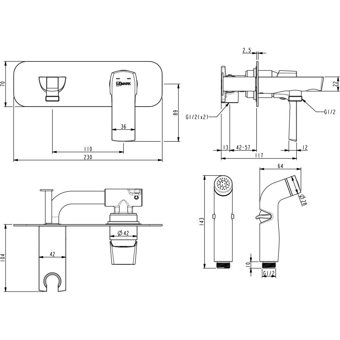 Смеситель с гигиеническим душем встраиваемый Lemark Ursus, LM7220BL
