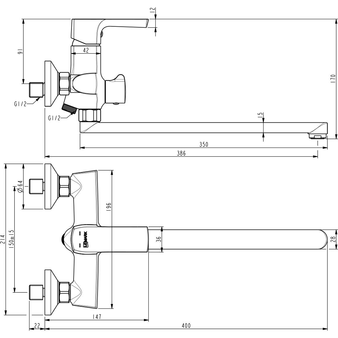 Смеситель универсальный с плоским изливом 350 мм Lemark Ursus, LM7251BL