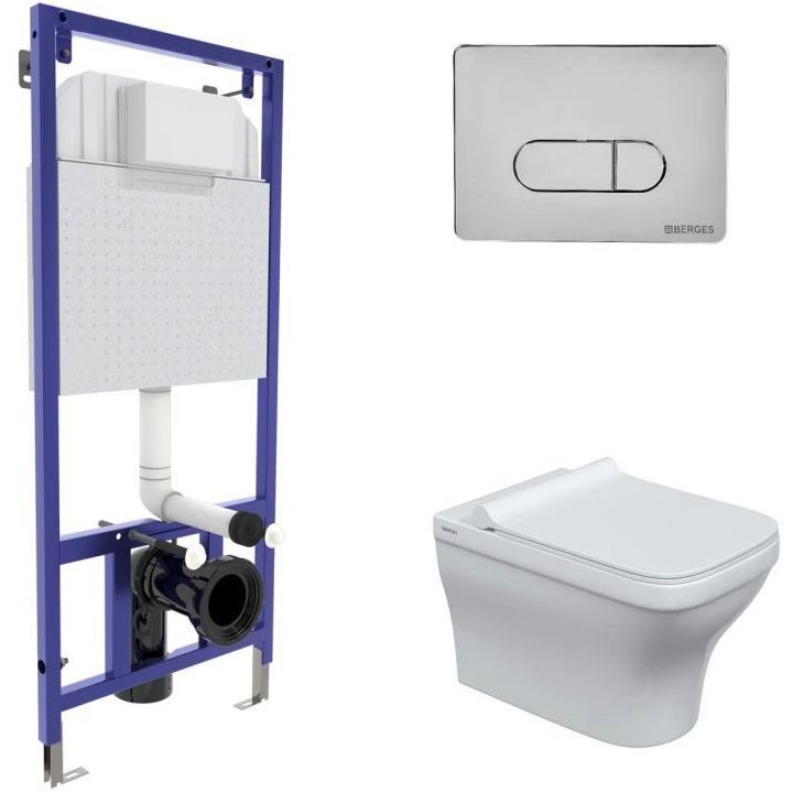 Комплект Berges Novum, кнопка D3 хром глянец, унитаз Strati Rimless, сиденье Strati Slim, 042448