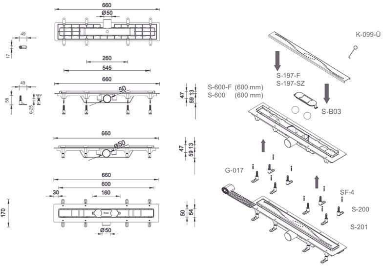 Линейный душевой трап Styron, STY-DO-60-FF