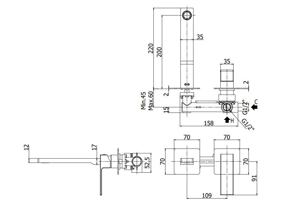 Смеситель для умывальника из стены Paffoni Elle черный матовый, EL105NO70