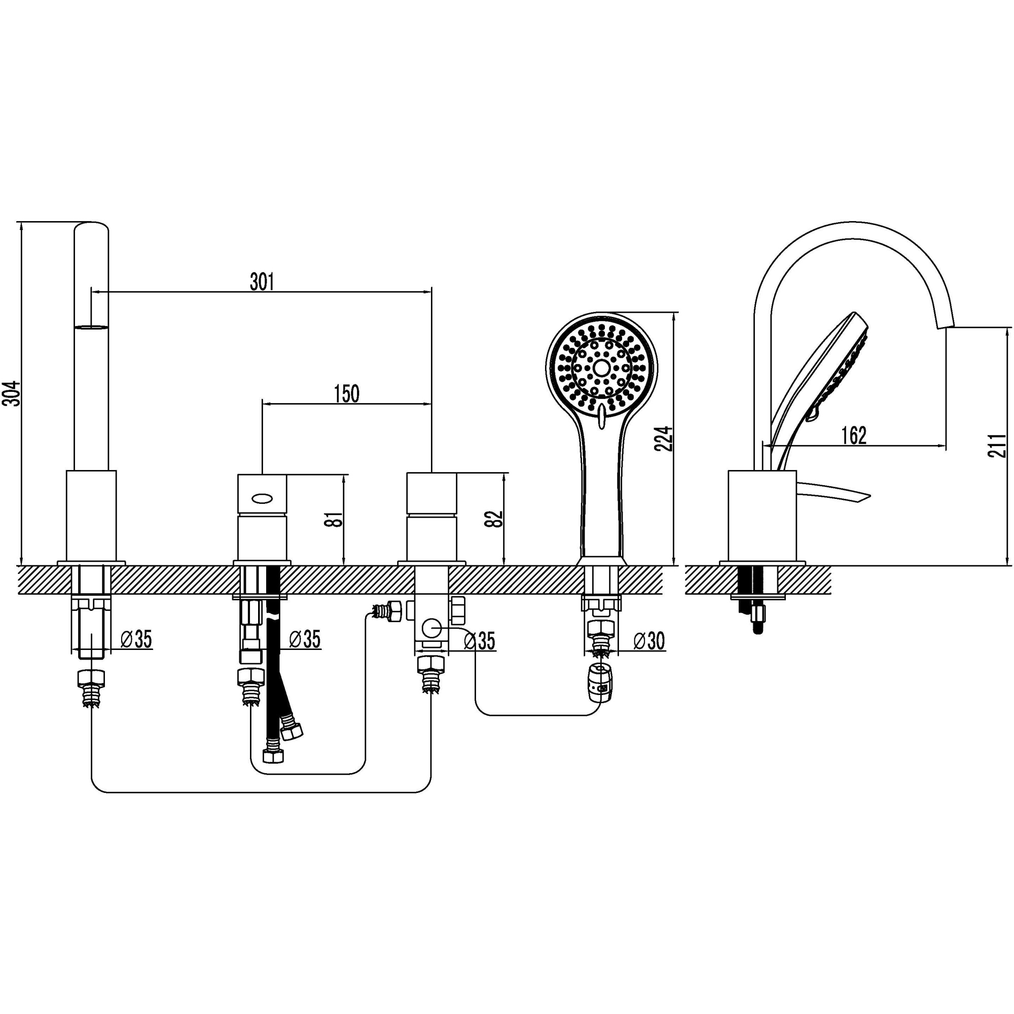 Смеситель для ванны встраиваемый на 4 отверстия с аксессуарами Lemark Atlantiss, LM3241C