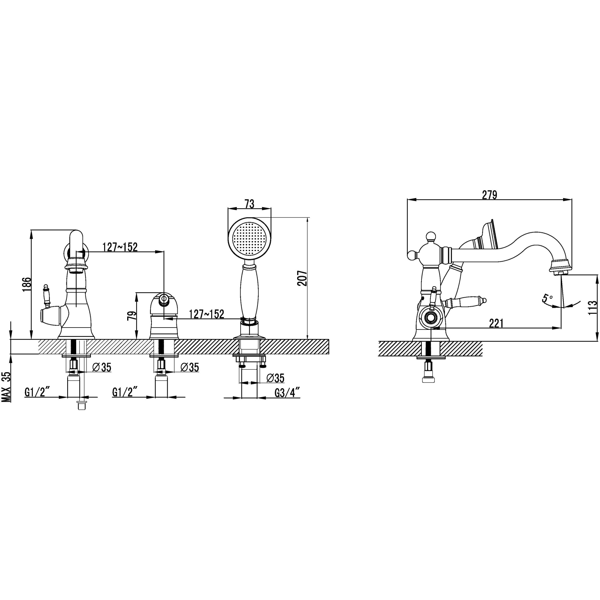 Смеситель для ванны встраиваемый на 3 отверстия с аксессуарами Lemark Villa, LM4845B
