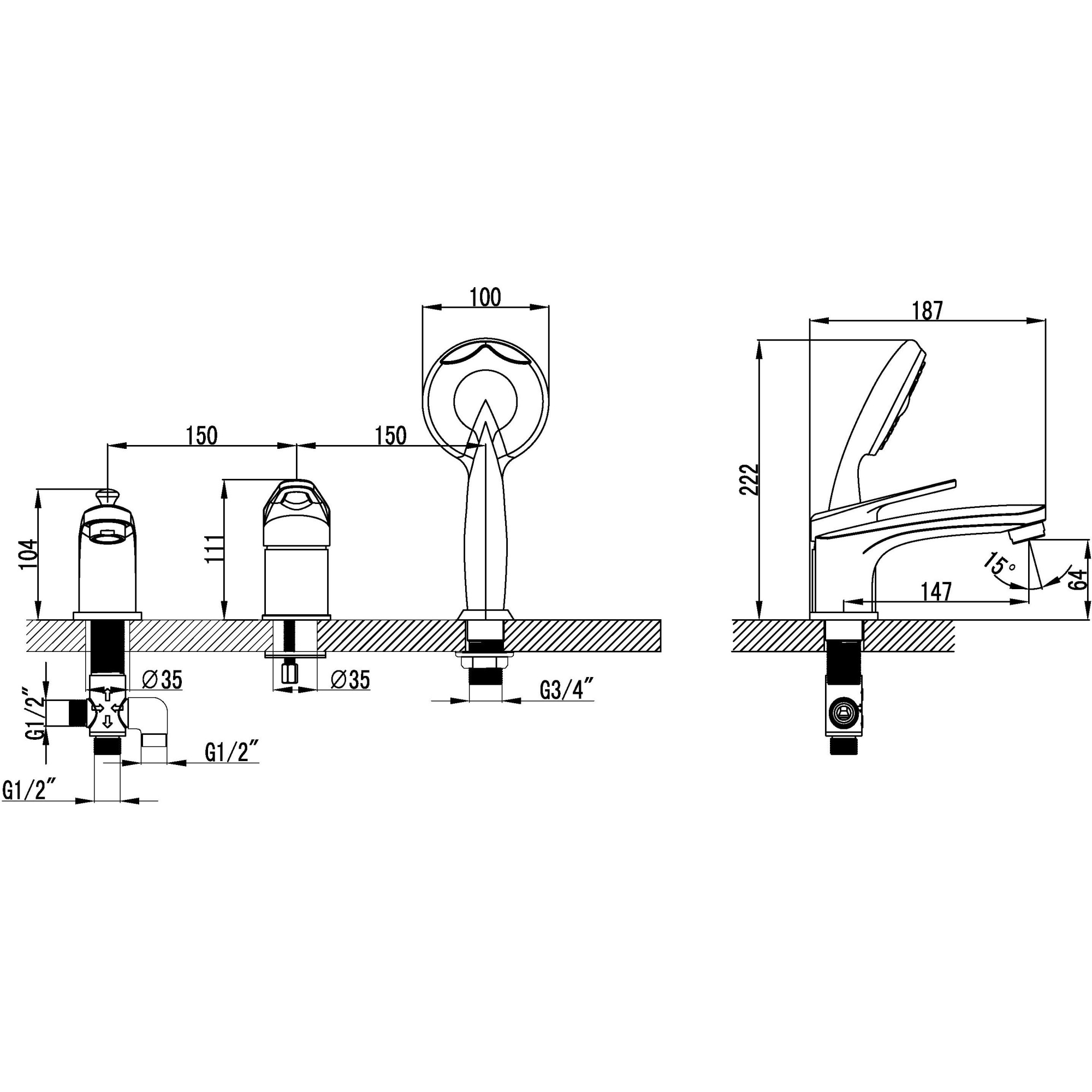 Смеситель для ванны встраиваемый на 3 отверстия с аксессуарами Lemark Luna, LM4145C