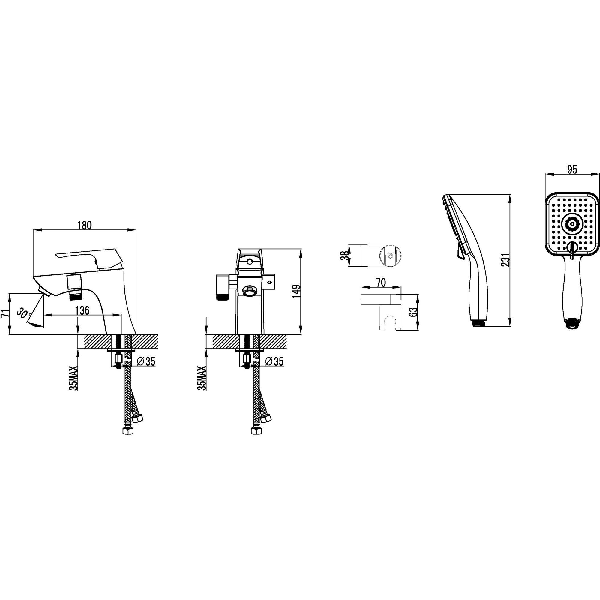 Смеситель на борт ванны с коротким изливом с аксессуарами Lemark Unit, LM4515C