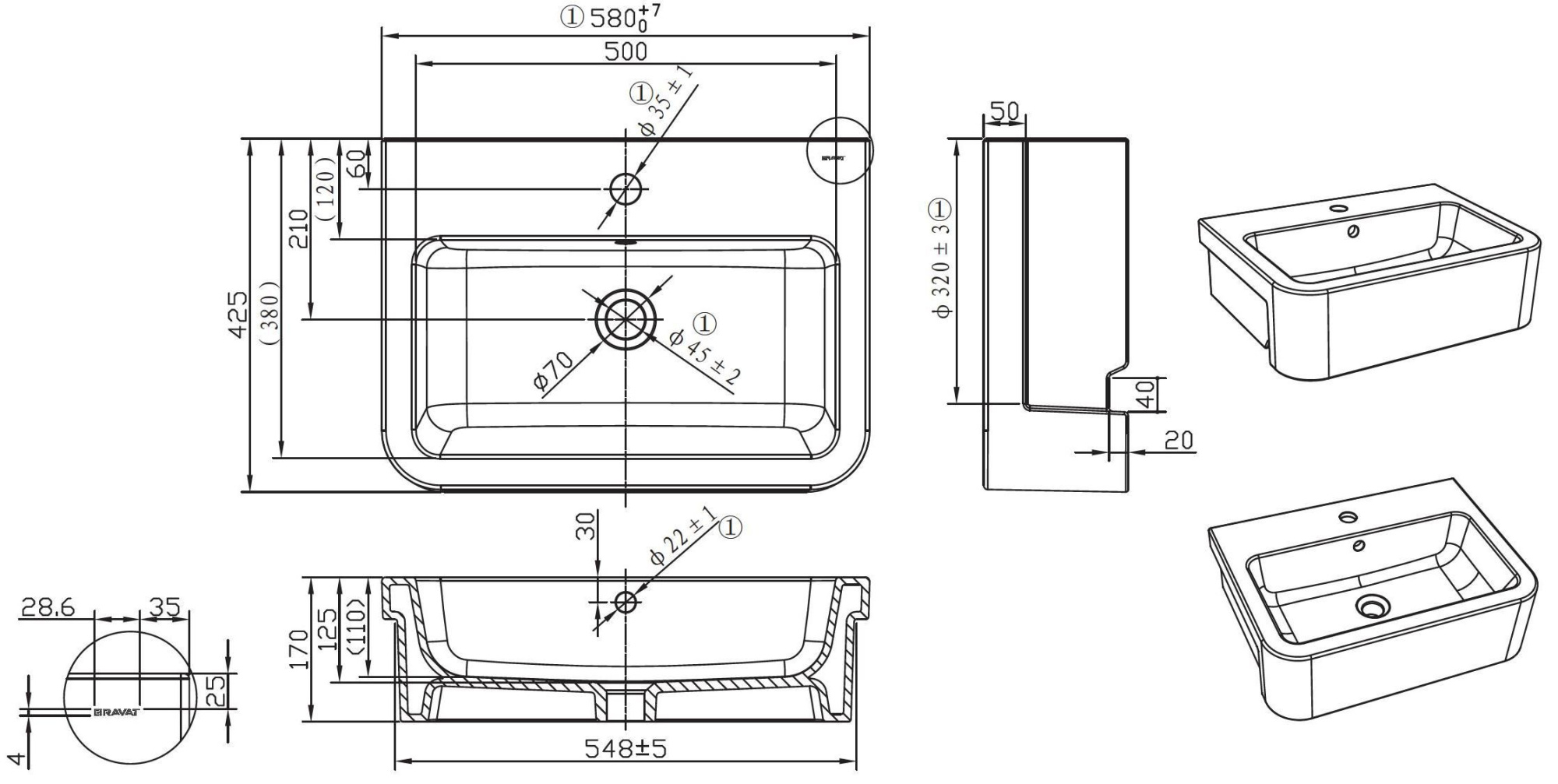 Полувстраиваемый умывальник Bravat 58x42, C22149W-1