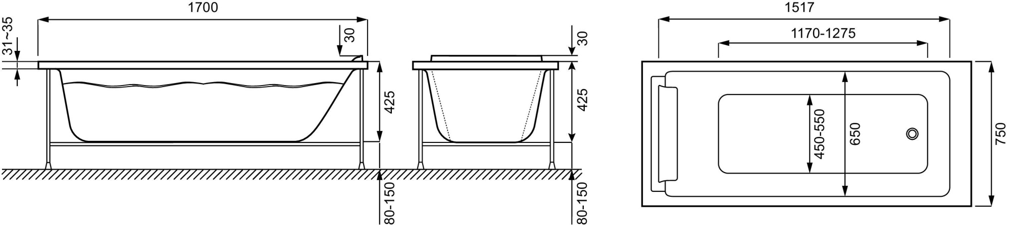 Ванна прямоугольная Jacob Delafon Spacio 170x75, E6D161RU-00
