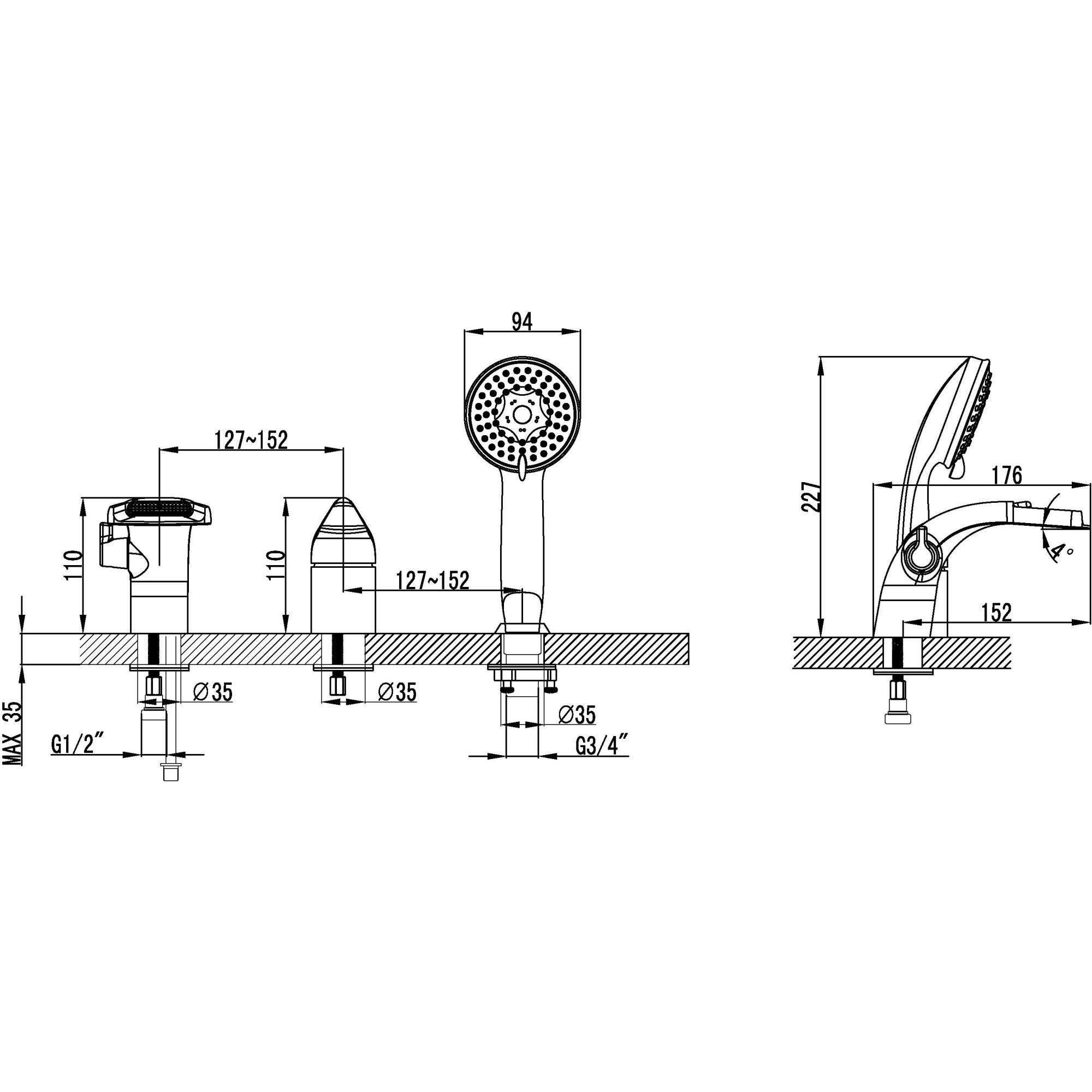 Посейдон Смеситель для ванны встраиваемый на 3 отверстия с аксессуарами Lemark Poseidon, LM4245C